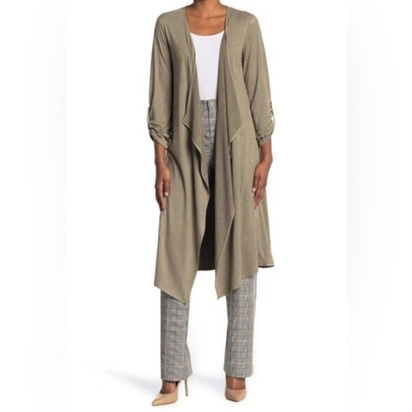 Tahari Sweaters - TAHARI Faux Suede Tab Sleeve Draped Cardigan in Basil NWOT